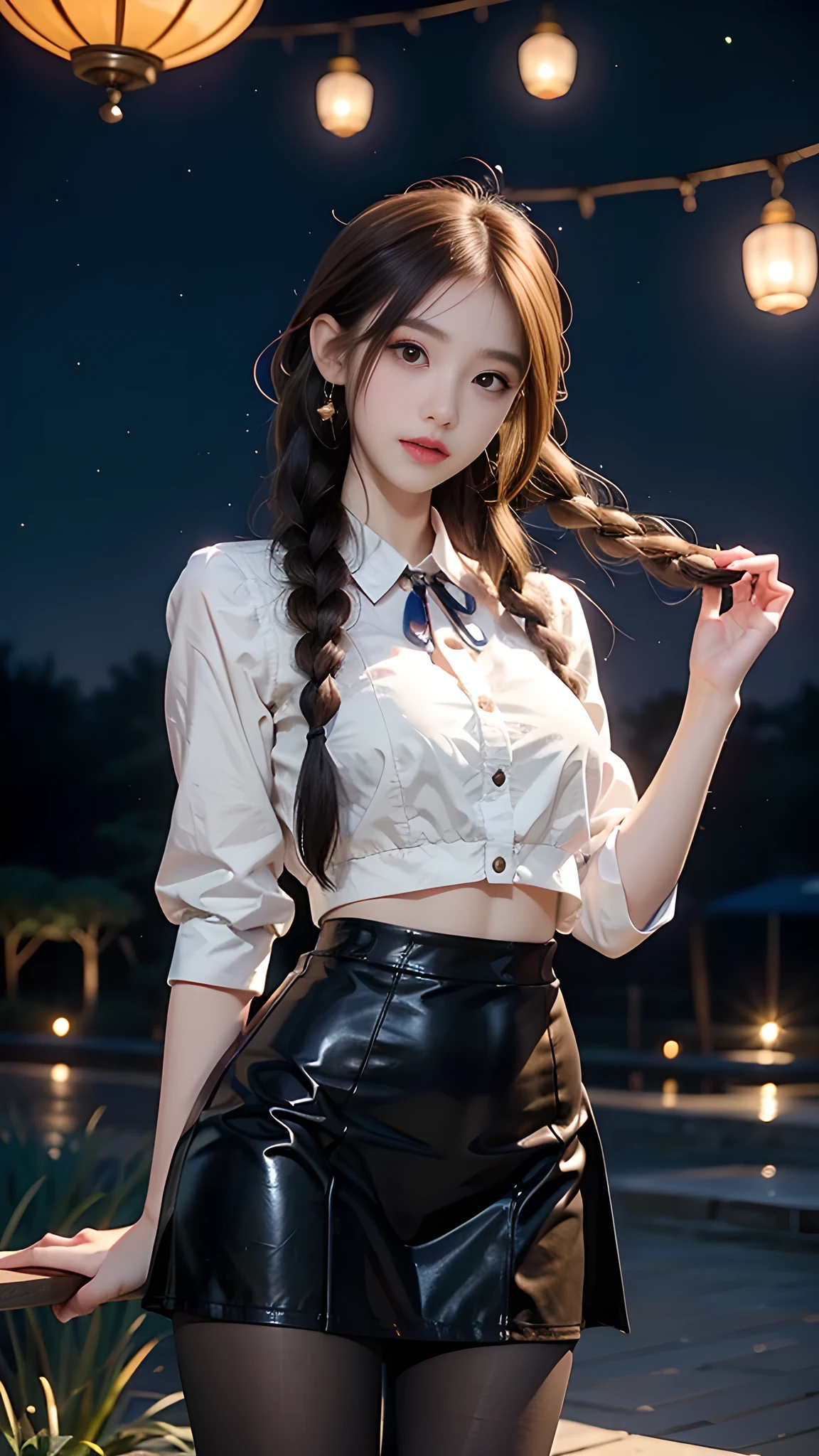 ulzzang-6500-v1.1, (RAW photo: 1.2), (Real photo), (Real photo: 1.4), 1 girl、Perfect anatomy、19 years old、Looking at the camera、Medium length hair、side braids, uniform short skirt, in a surreal royal garden, with many hanging lanterns, under the starry night sky, ((starry night: 1.1))、(Surreal tights: 1.2), (Business service)、Asian eyes Ella,