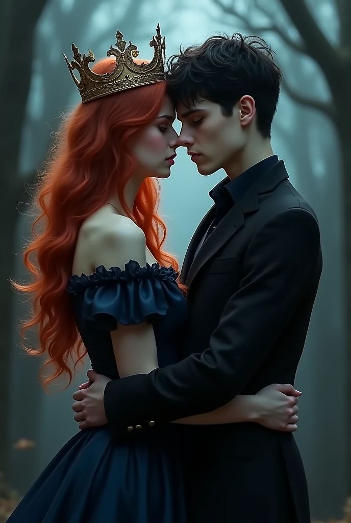 A cover for a dark romance book about vampires and humans ,the girl is human, redhead, brunette, slightly chubby and the boy is a white vampire, pale,high,black hair, messy hair and dark eyes, They have approximately the appearance of /21 years old She wears a simple navy blue dress and he wears completely black, very elegant. Both with crowns. 