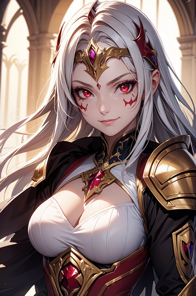 masterpiece,best quality,extremely detailed CG,ultra-detailed,1woman,fantasy,demon woman,general,swordfighter,evil smile,elaborately designed plate armor,forehead protector,dark red eyes,circlet,faint lip,face paint,blond hair,