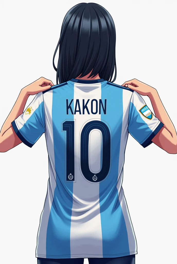 A girl showing her jersey to the audience, put name KAKON and jersey number 10. Jersey should be argentina football team.also put argentina logo. Girl should show the backpart.not face.not human anime type.22 years old girl anime..black hair. Show the name clearly