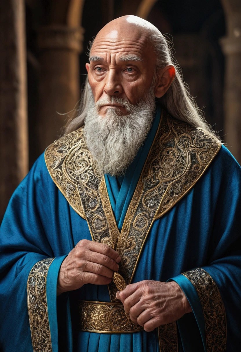 A highly detailed image of an elderly wizard. He is a wise and imposing-looking man (male: 1.5). He is bald and has a short grey beard, and his eyes are blue and expressive, reflecting a mixture of wisdom and nervousness. The face is richly detailed, capturing every line and wrinkle that tells the story of his long life. The wizard is dressed in ornate brown robes, replete with intricate detail and texture. He wears a necklace of metal beads that add a touch of mystique to his appearance. In one hand he holds tightly a staff, which should be elaborately crafted with fine detail and a subtle magical glow. The image should be ultra-detailed (1.3), with a focus on capturing the texture of the ornate robes and the details of the staff. The lighting should create a beautifully detailed glow, highlighting every aspect of your appearance and attire. Make sure every aspect is meticulously detailed (1.2), from your exquisitely drawn face (1.2) to the vibrant gradients and tones that bring the scene to life. His eyes, full of depth and detail (1.2), should draw the viewer in, against a richly detailed background and landscape. Employ a dynamic angle (1.2) and pose (1.2), adhering to the rule of thirds (1.3) and incorporating a strong line of action (1.2) for an eye-catching composition. The photo should capture a wide view, bathed in light, highlighting your solitary, seductive presence and your exposed skin. Render this scene in 8K resolution with HDR. Make sure the clothing has a subtle bulge in the robe, suggesting something hidden beneath. The image should be a true work of art, with a stunning visual quality that highlights the character and presence of the elderly magician.