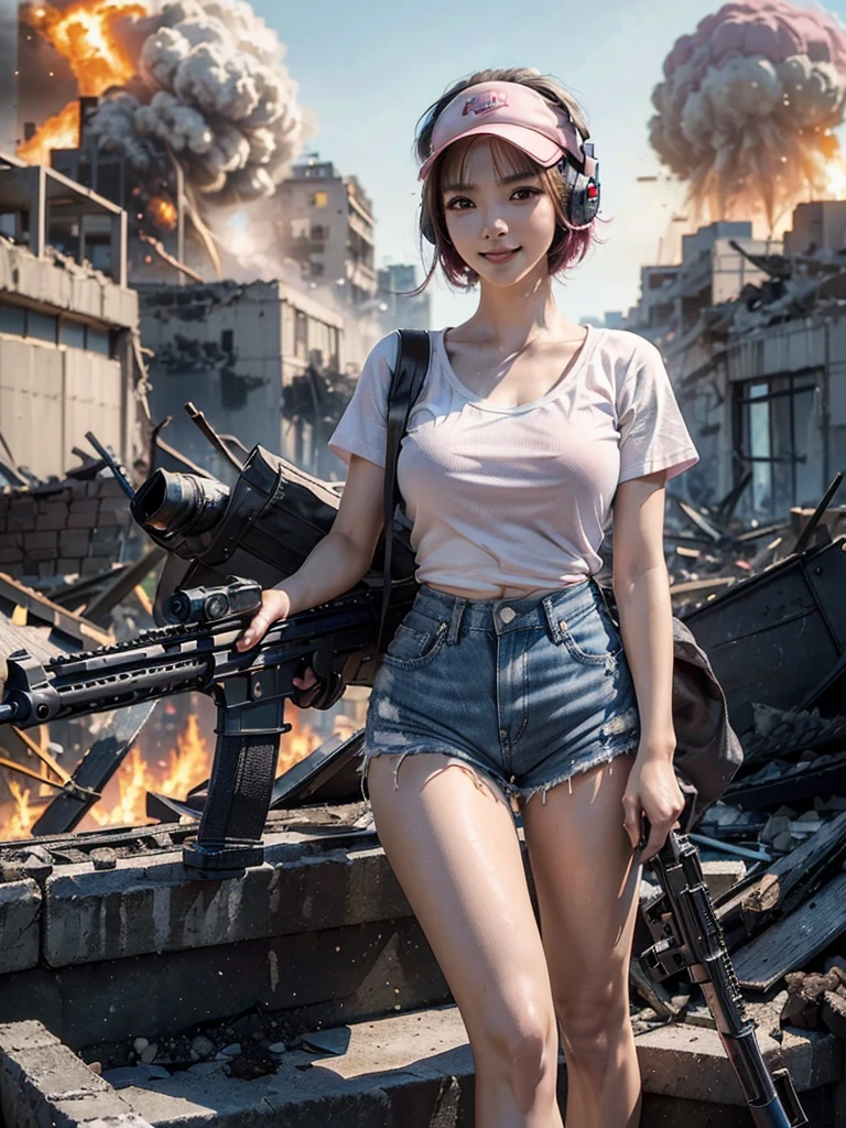 (Top quality,ultra HD,lifelike: 1.4)(Cowboy Shooter 1),Beautiful armed girl, (K-Pop Idol) ,Detailed face,opposition,Perfect anatomy,Smooth skin,Professional lighting, ((Wearing a white T-shirt,Pink cap,Denim shorts,Short hair girl,High-tech headphones,),Victory in battle,Back to the audience,Back to the audience,Smile of victory(background,Destroyed buildings,Fire, (Huge explosion) ) ,Full body close-up, (Holding weapon, Holding rifle, Purposeing, Purpose:1.2), gun, H&k hk416, Stable gun, Fire