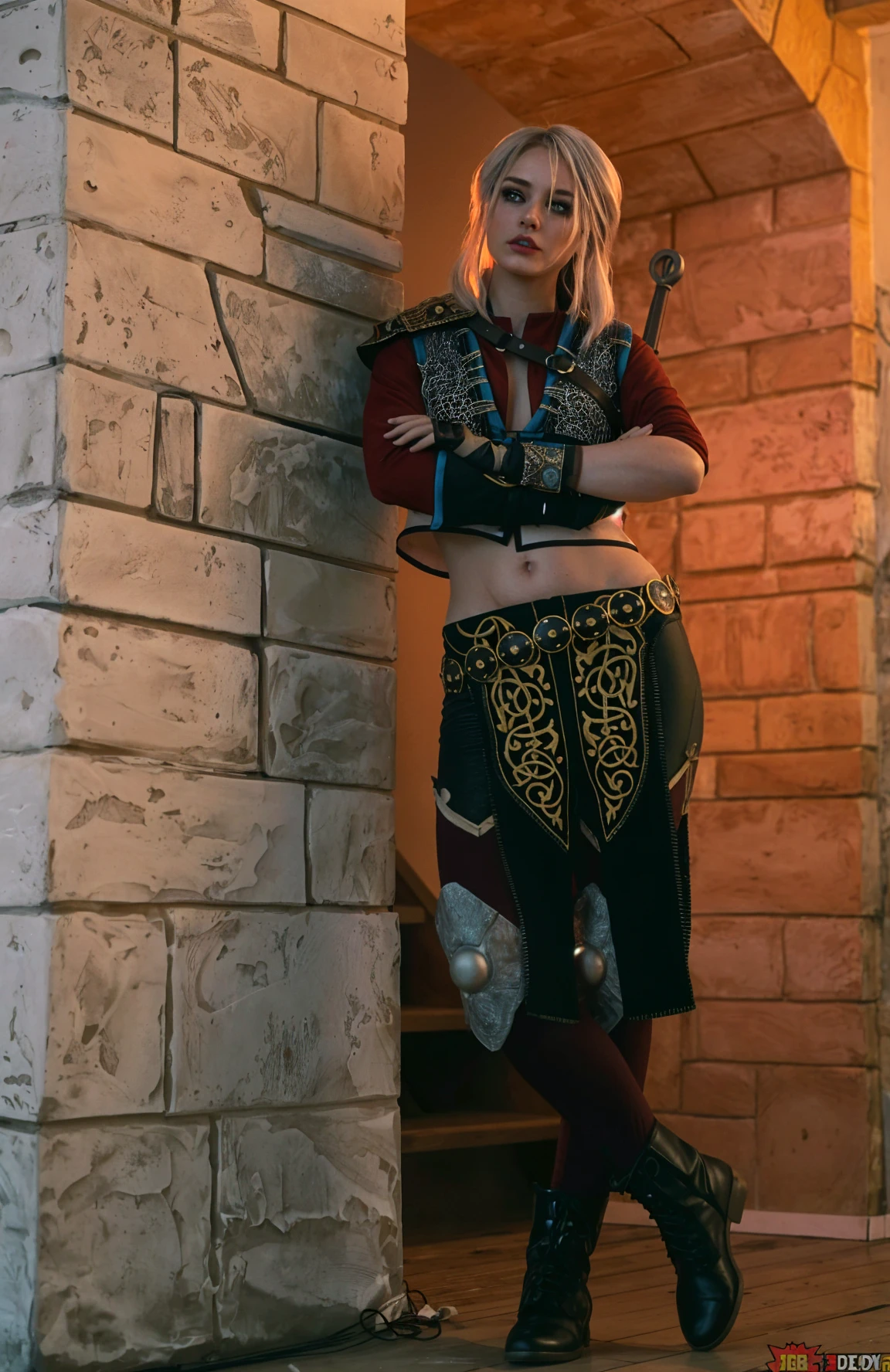 (((masterpiece, Best Quality, High resolution, swear, 1 girl, hair over one eye, jewelry, single thigh high, diaphragm, black skirt, asymmetrical leggings, pink shirt, black thighs, belt, mini skirt, standing, cowboy shot, outdoor, archived, flower )))