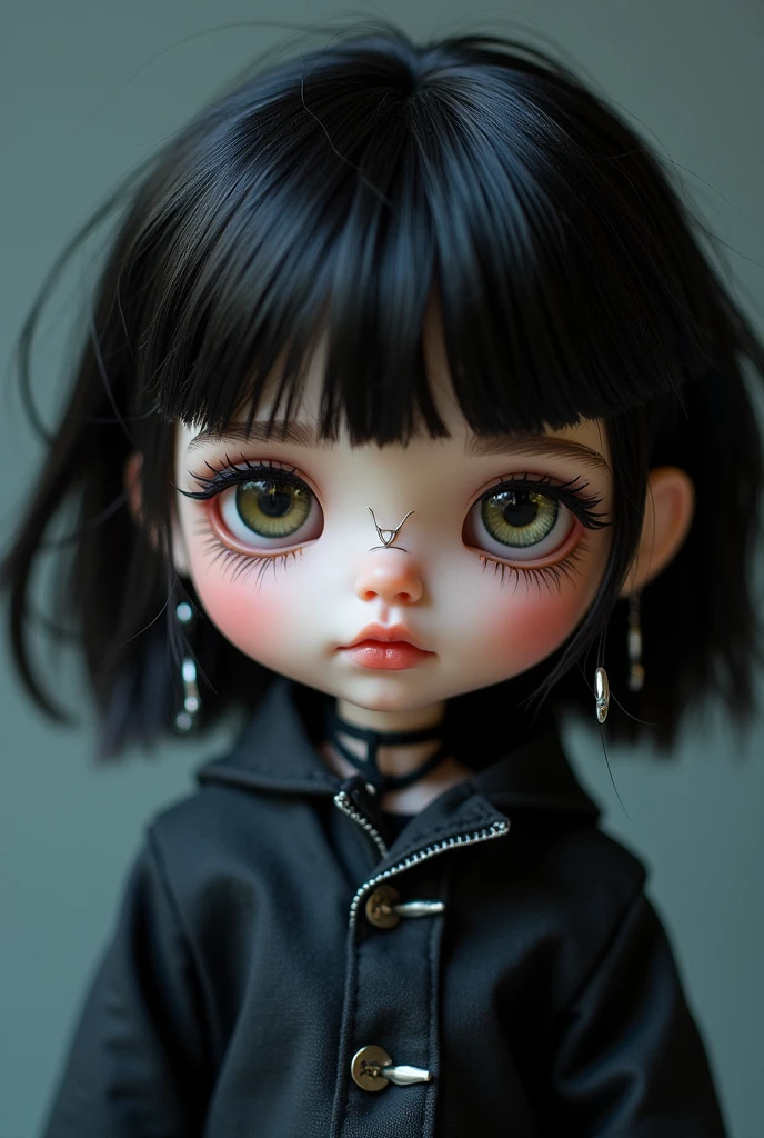 asian acubi korean emo style blyth dol with medium short hush cut whit bangs has septum piercin  the doll is close to camera has lot of ear piercings 