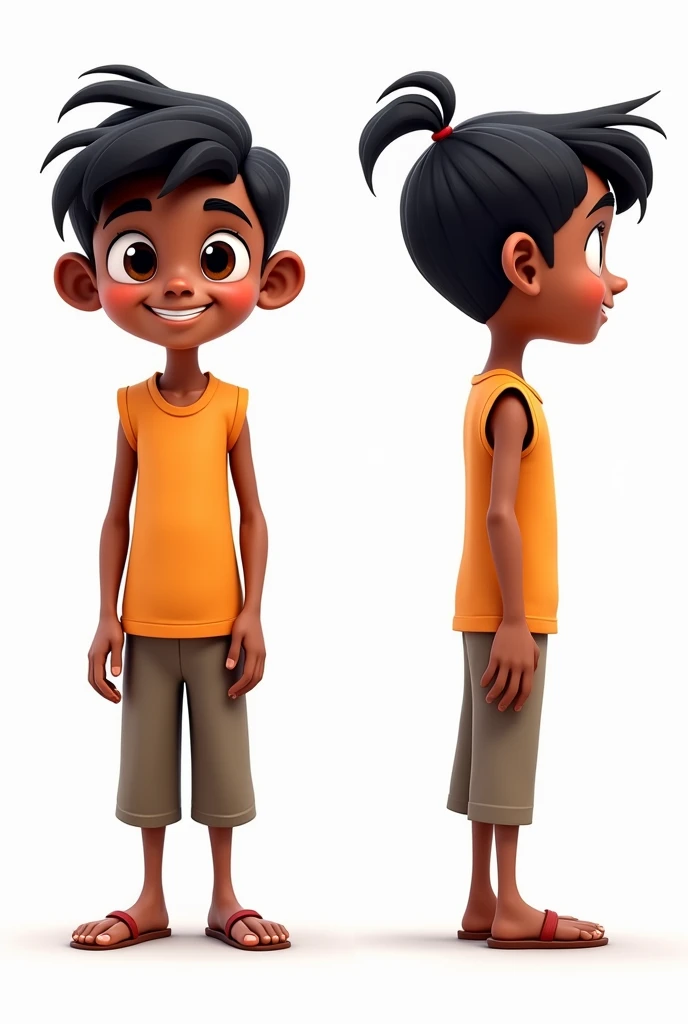 Indian boy cartoon character model sheet in t pose with proper palm . Front and right side both with equal proportions 