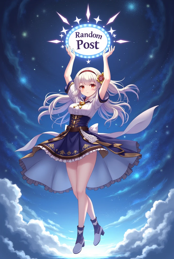 Make a 700 x 700 image with a star and sky setting with anime and a Genshin Impact style anime girl holding the Random Post text above her as if she were crushing her 