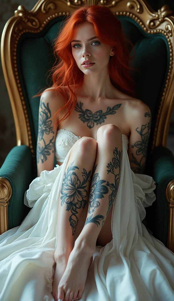 beautiful young girl,4k,ultra detailed,tattoo,smoke,expressive beautiful,younger,tattoo,wearing fantasy white dress, wearing fantasy white high heels,sitting on the throne,crossed legs,sexy,make-up,red hair,matte lipstick,eyelinear,amazing,cute beautiful
