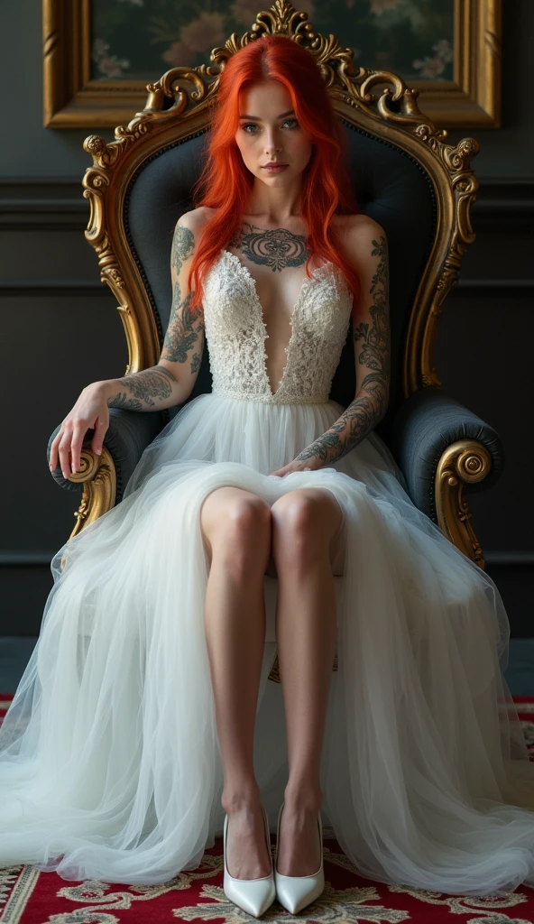 beautiful young girl,4k,ultra detailed,tattoo,smoke,expressive beautiful,younger,tattoo,wearing fantasy white dress, wearing fantasy white high heels,sitting on the throne,crossed legs,sexy,make-up,red hair,matte lipstick,eyelinear,amazing,cute beautiful
