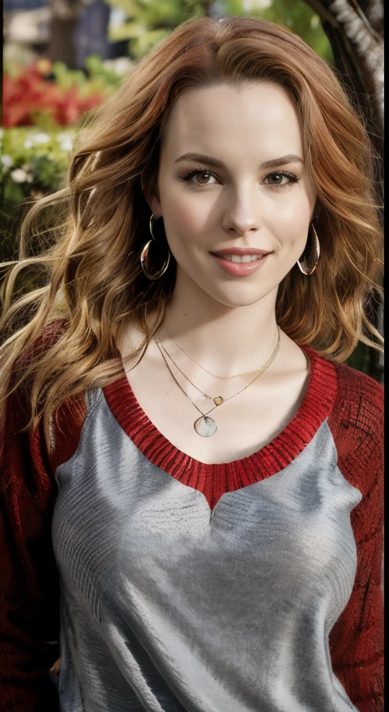 bridgit mendler, sexy, bigfaketits, necklace, earrings, red sweater, makeup, park, day, red haired, (photorealistic:2.0), upper body, porcelain skin