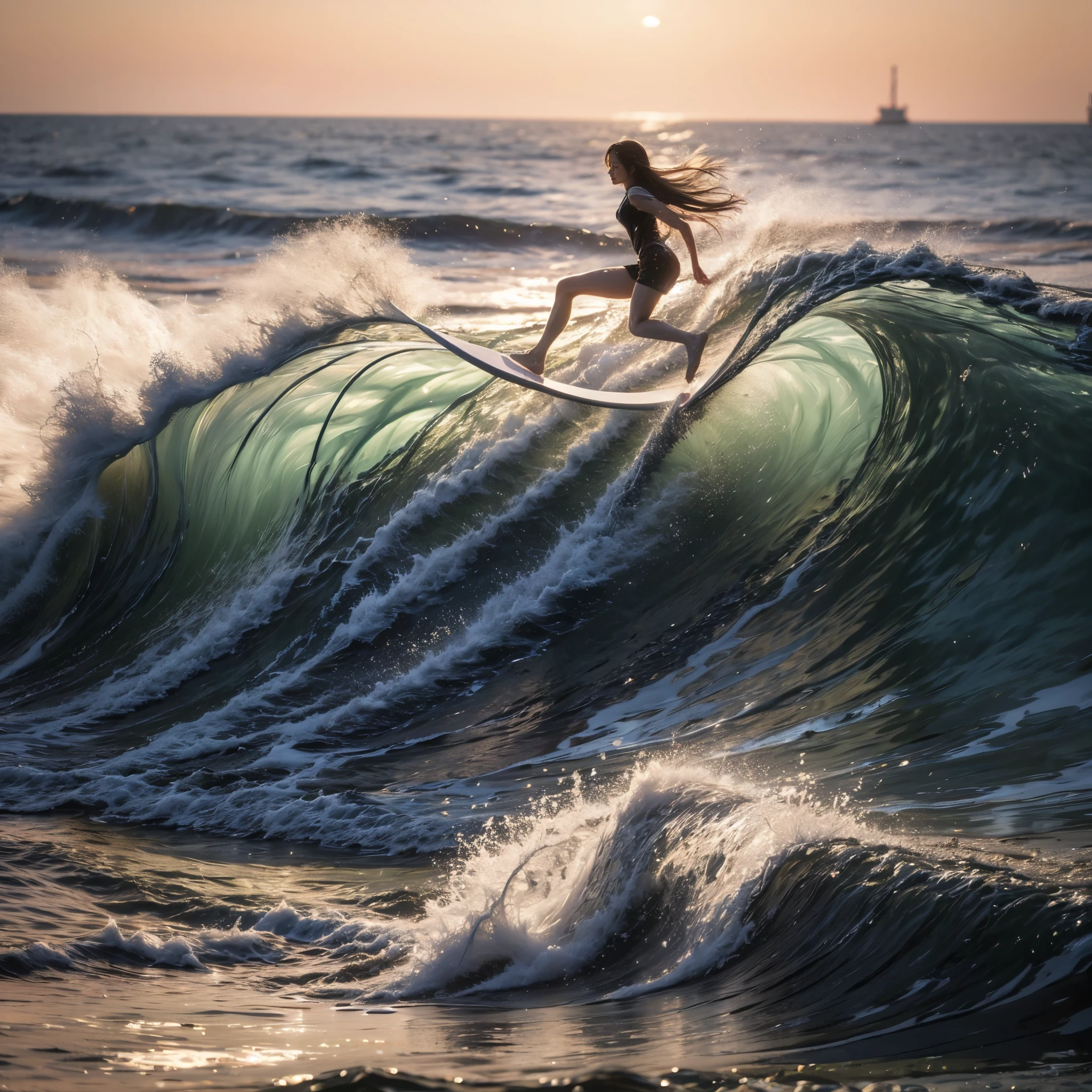 (Luminism:1.28), Side view, TopQuality 8K Masterpiece (ProfessionalPHOTO:1.37) (Extremely Detailed (A girl half Standing on a Life Size straight surfboard)), Colorful morning Glory Rays, (There is Only one surfboard under her feet:1.32) Sparkling Waves Splashing water Particles, Glowing Wet Hair, hourglass body type, Dynamic motion blur, Perfect Hand, (Surfing Photos:1.4) (((nothing hold)))