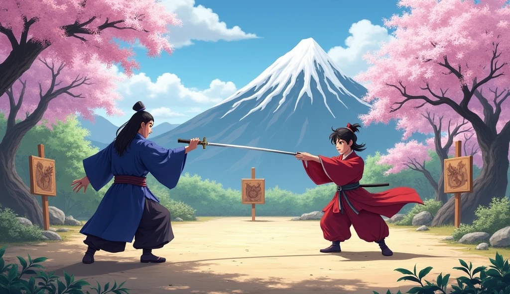 ((best quality)) An outdoor training ground, with Shin practicing sword strikes against wooden targets. The sage watches with a critical eye as Shin performs quick and precise movements. In the background, there are majestic mountains and cherry blossom trees.