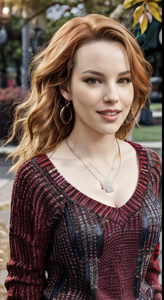 bridgit mendler, sexy, bigfaketits, necklace, earrings, red sweater, makeup, park, day, red haired, (photorealistic:2.0), upper body, porcelain skin