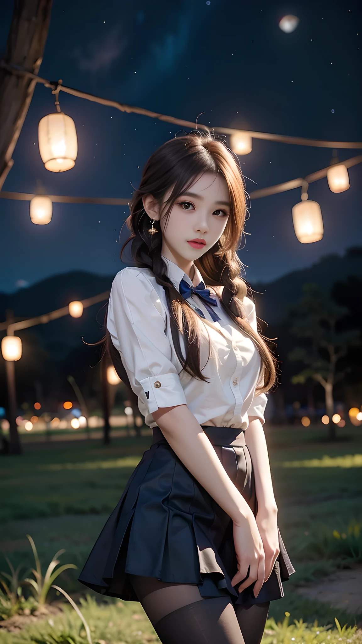 ulzzang-6500-v1.1, (RAW photo: 1.2), (Real photo), (Real photo: 1.4), 1 girl、Perfect anatomy、19 years old、Looking at the camera、Medium length hair、side braids, uniform short skirt, in a surreal royal garden, with many hanging lanterns, under the starry night sky, ((starry night: 1.1))、(Surreal tights: 1.2), (Business service)、Asian eyes Ella,