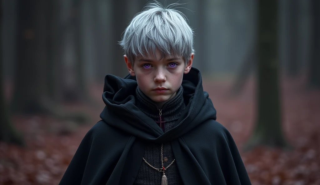 A high-fantasy horror, dark lord, a teenager half-elf boy with silver short hair and purple eyes, Dark wizard, A boy wearing a black long cloak, mirkwood, younger half-elf sorcerer, realism, red and dark magic