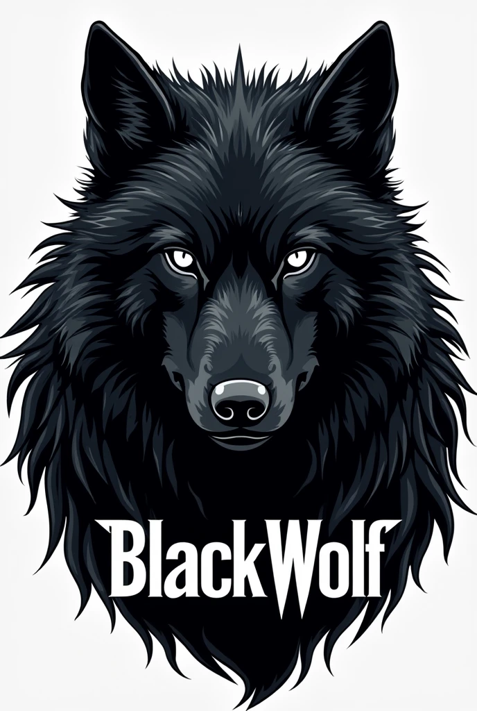 An extremely simple slogan of a black wolf with white eyes with the name "BlackWolf" below