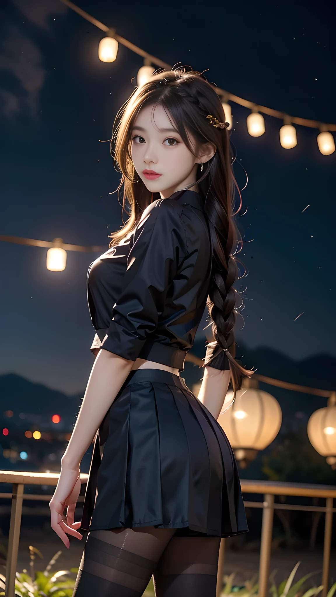 ulzzang-6500-v1.1, (RAW photo: 1.2), (Real photo), (Real photo: 1.4), 1 girl、Perfect anatomy、19 years old、Looking at the camera、Medium length hair、side braids, uniform short skirt, in a surreal royal garden, with many hanging lanterns, under the starry night sky, ((starry night: 1.1))、(Surreal tights: 1.2), (Business service)、Asian eyes Ella,