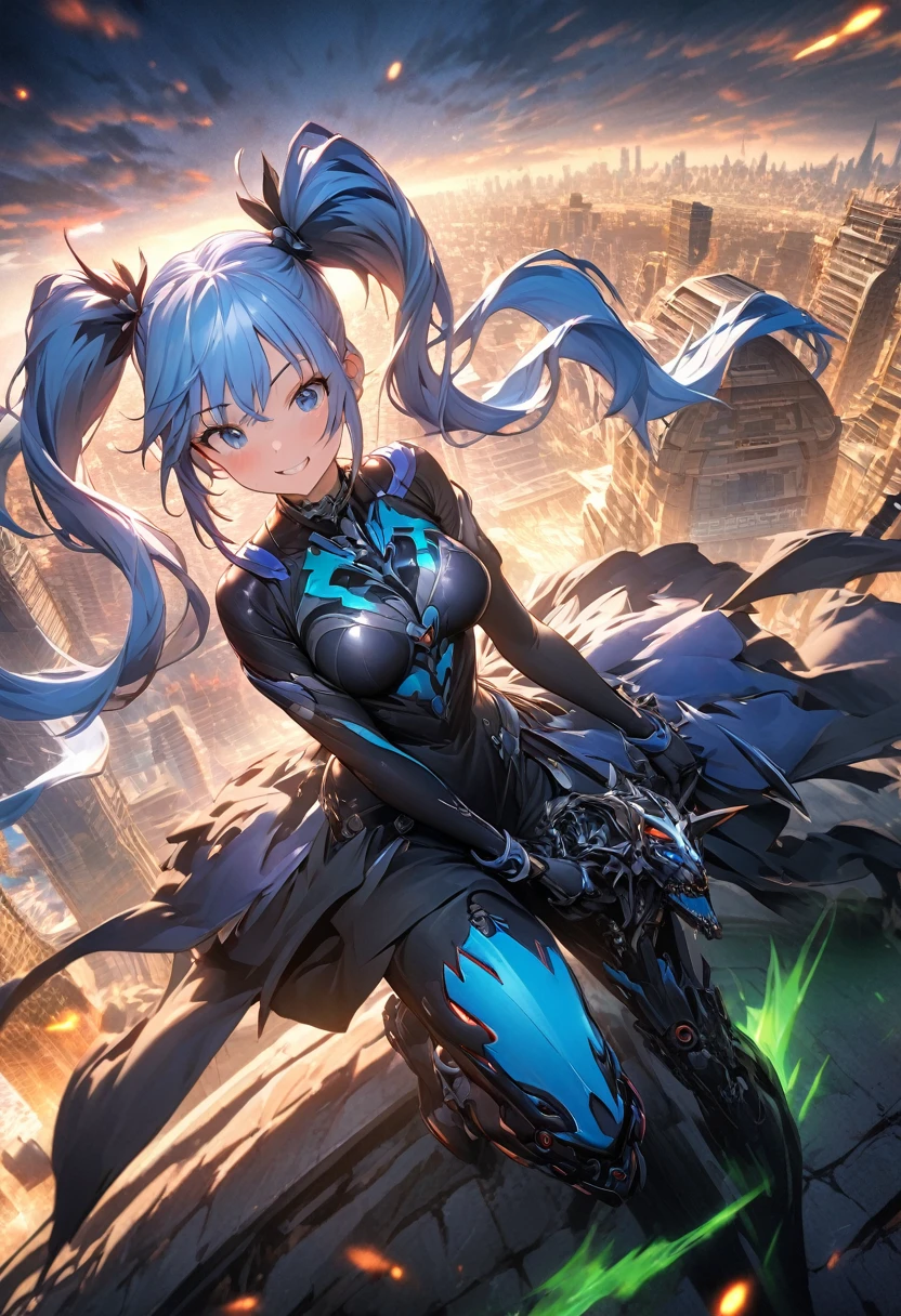 舌、masterpiece, best quality, extremely detailed CG unity 8k wallpaper, A gal with twin tails. Unusual fashion. The background is a cityscape lined with buildings. Octane rendering style. 2.5D art.