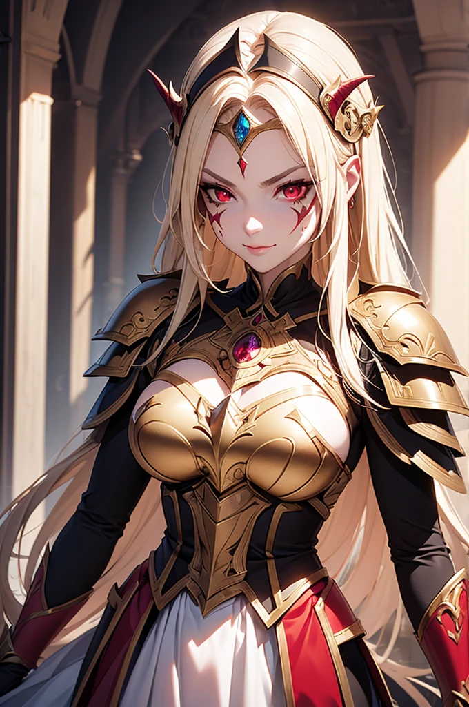 masterpiece,best quality,extremely detailed CG,ultra-detailed,1woman,fantasy,demon woman,general,swordfighter,evil smile,elaborately designed plate armor,forehead protector,dark red eyes,circlet,faint lip,face paint,blond hair,