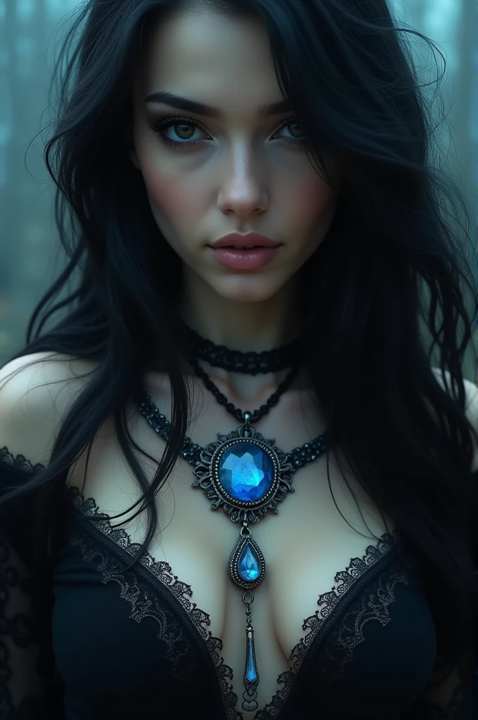 an alluring woman with captivating eyes and flowing dark hair, dressed in a mystical robe or elegant attire Blue gemstone within intricate metal framework hanging from a necklace around her neck 