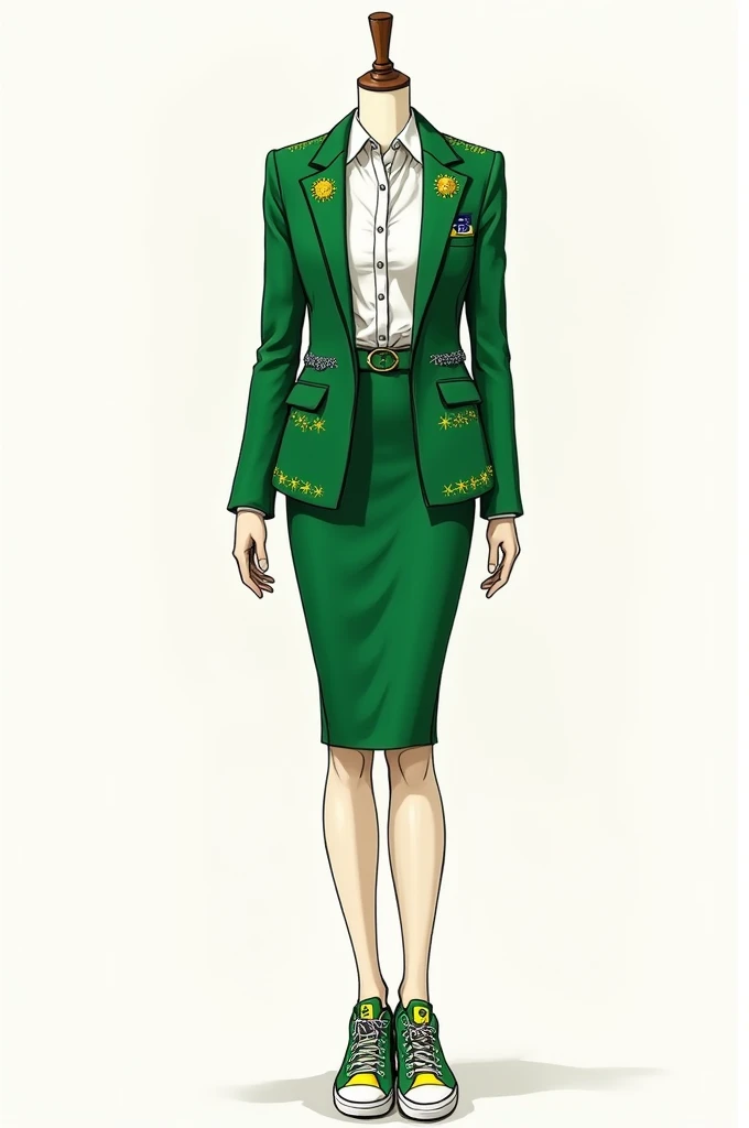 Create a sketch of a garment with this information:

A female mannequin wearing a moss green suit and white olympiku sneakers with the olympics rings on the sneakers. With a blazer decorated with small yellow shadows in the shape of macaws and blue sparkles, White and yellow. The symbol of the Brazilian flag is on the left side of the chest. Under the blazer, there is a white dress shirt, and the pencil skirt matches the jacket, also with yellow shadows and sparkles. Small stars embroidered on the shirt, imitating the constellation present on the Brazilian flag.
A green belt with a gold buckle, aligning with the national theme.
A pin with the Brazilian flag can be placed on the lapel of the jacket.

A female mannequin wearing a moss green suit and white olympiku sneakers with the olympics rings on the sneakers. With a blazer decorated with small yellow shadows in the shape of macaws and blue sparkles, White and yellow. The symbol of the Brazilian flag is on the left side of the chest. Under the blazer, there is a white dress shirt, and the pencil skirt matches the jacket, also with yellow shadows and sparkles. Small stars embroidered on the shirt, imitating the constellation present on the Brazilian flag.
A green belt with a gold buckle, aligning with the national theme.
A pin with the Brazilian flag can be placed on the lapel of the jacket.