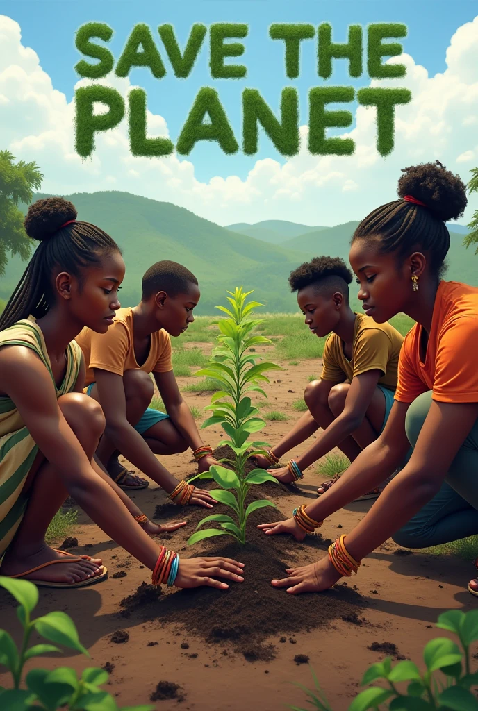 Create an image of young Africans planting trees on a deforested area
Let there be some message saying let's save the planet 