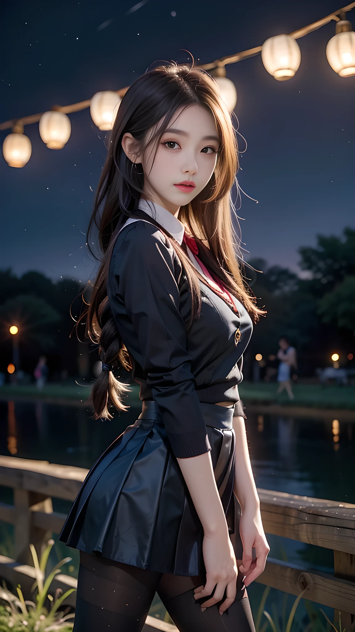 ulzzang-6500-v1.1, (RAW photo: 1.2), (Real photo), (Real photo: 1.4), 1 girl、Perfect anatomy、19 years old、Looking at the camera、Medium length hair、side braids, uniform short skirt, in a surreal royal garden, with many hanging lanterns, under the starry night sky, ((starry night: 1.1))、(Surreal tights: 1.2), (Business service)、Asian eyes Ella,
