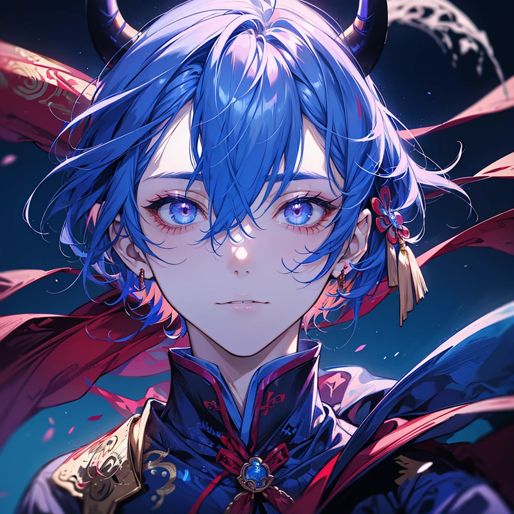 Man, handsome, refreshing, blue hair, red demon-like horns, gentle eyes, blue kimono, one purple hair, horns as the only decoration on his head, short hair, horns