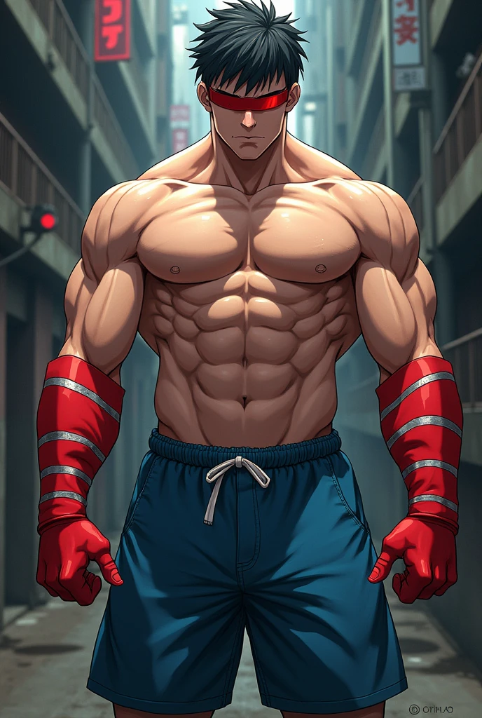 Physicist: masculine, muscular and with an imposing presence.
vision: blind, with a red band covering his eyes.
torso: wearing no shirt, showing off his muscles.
arms: Red stripes on both forearms, contrasting with the skin.
body hair: blackw, short and fully exposed, without any track.
lowrise: Plain blue shorts, simple and functional. It's an anime character and the red stripe is on the right and left forearms. The shorts are okay. The blue shorts are casual and have a more anime look, so they look more like the blue knights style. The back of the line is made of a fighting style. It's very muscular. Reduce the musicians more and make the line look like the knights of the zodiac. The red stripe lowers them. Great. Now make this character in live action that shows the shorts.