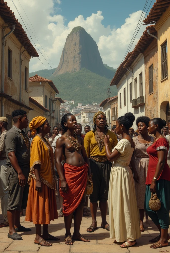 GROUP OF PEOPLE CONTAINING SLAVES, FREE PEOPLE, WOMEN AND A CITY IN RIO DE JANEIRO IN THE FIRST REIGN