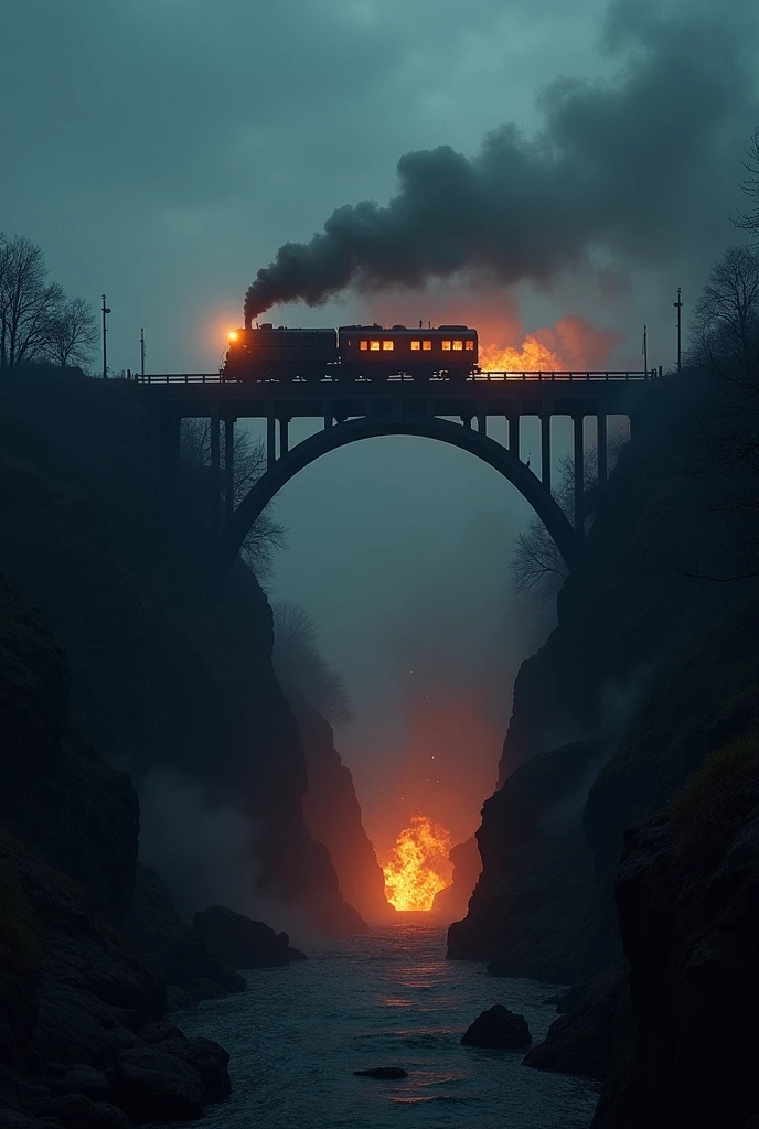 DARK NIGHT, A TRAIN FALLING INTO THE ABYSS OF A BROKEN BRIDGE, LOTS OF SMOKE AND FLAMES