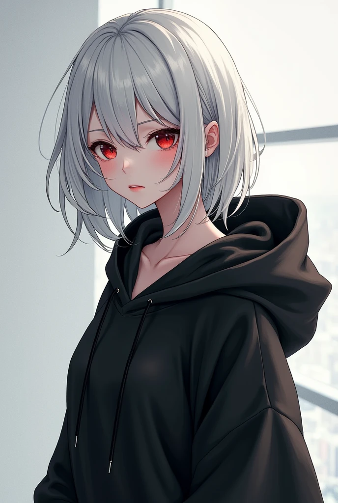 Anime girl with long white hair and red eyes wearing a black hoodie