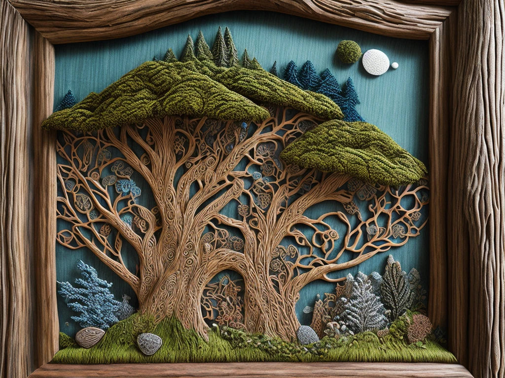 punch needle style, wrapped around, textured, colorfully, ancient tree bark relief carving with intricate patterns of lichen and moss, placed inside a weathered wooden frame, rendered in photorealistic detail, surrounded by wisps of fog and subtle hints of moonlight, evoking a sense of mystical reverence, inspired by the works of environmental installation artists.