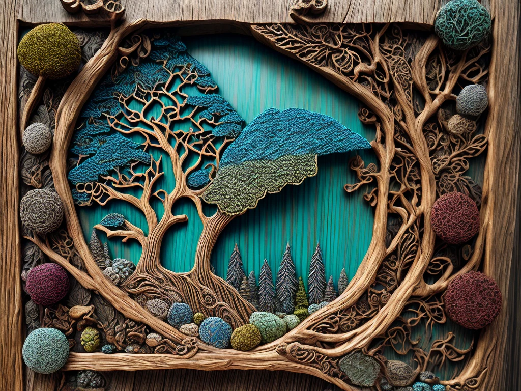 punch needle style, wrapped around, textured, colorfully, ancient tree bark relief carving with intricate patterns of lichen and moss, placed inside a weathered wooden frame, rendered in photorealistic detail, surrounded by wisps of fog and subtle hints of moonlight, evoking a sense of mystical reverence, inspired by the works of environmental installation artists.