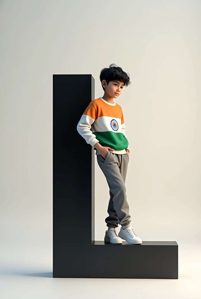 The black-haired real Indian 16-year-old boy is wearing a casual outfit including a india  flag sweatshirt, jogger pants and sneakers. The man is leaning on a large bright tricolor letter ‘L’, which is black with white accents. The overall color scheme is minimal, focusing on the colors of the tricolor. The scene has a modern and clean aesthetic, with soft darks and subtle shadows
