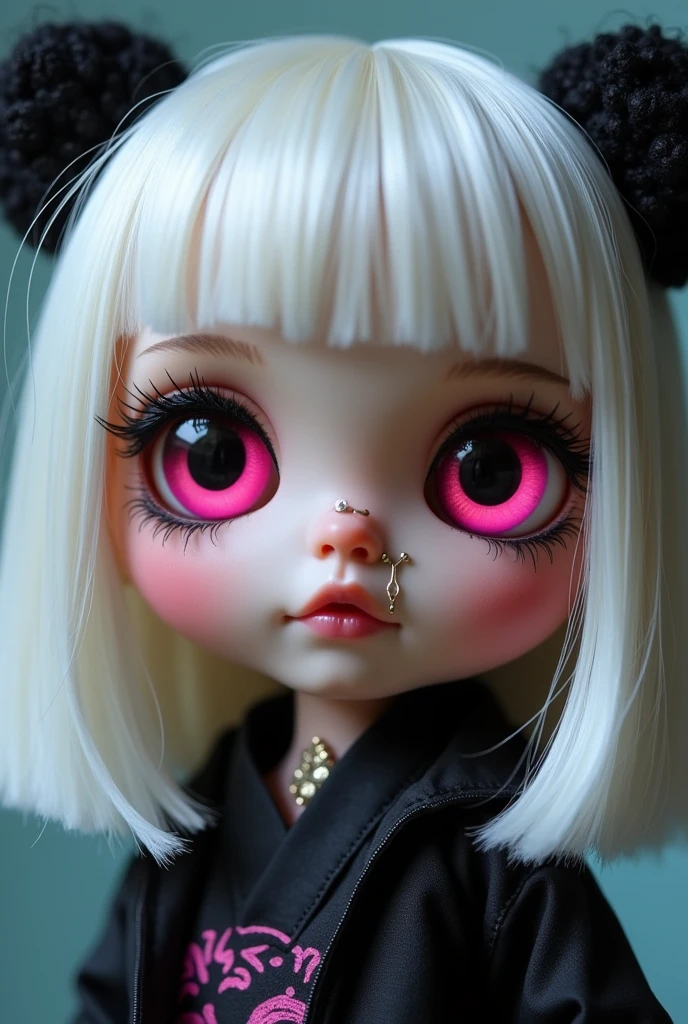 asian acubi style blyth dol with medium short hush cut whit bangs has septum piercin the doll is close to camera has lot of ear piercings black eyes with pink skunk highlights
