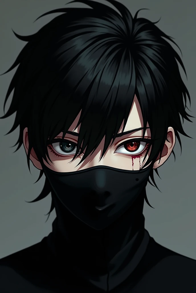 Dark young man, black hair with a small white streak. He wears a mask covering his nose and mouth. There is a deep scar on his left eye and it is clear that this eye is blind because its iris is white and opaque.. The right eye has a completely black iris.. PICTURE REALISTIC.