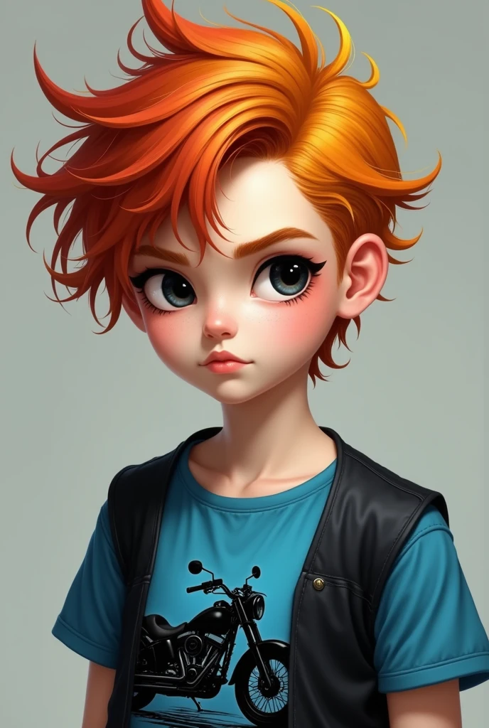 boy with orange hair, with dull yellow and almost wine-colored red strands, which gives it a very striking and vibrant look. His skin is pale white, which contrasts with the intense color of her hair.
He wears a blue short-sleeved shirt, with a drawing of a motorcycle in black, which suggests that he likes motorcycles or is passionate about speed. About the shirt, He wears a simple black vest, which gives it a touch of style and elegance.
His eyes are black and seem to have no expression., which gives it a mysterious and enigmatic air.