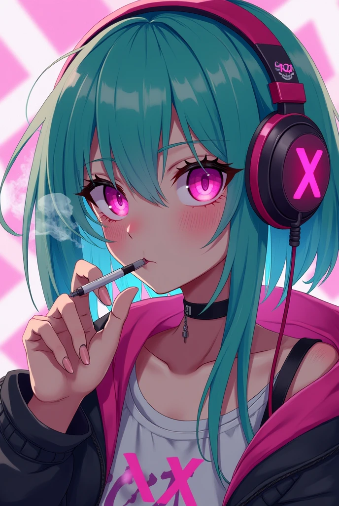anime cyberpunk serious girl, pink headphones, turquoise hair, cigarette, pink eyes, Shikima XXX logo