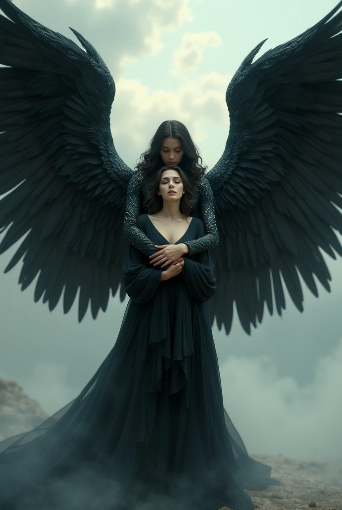 Create an angel with black wings hugging a woman  
