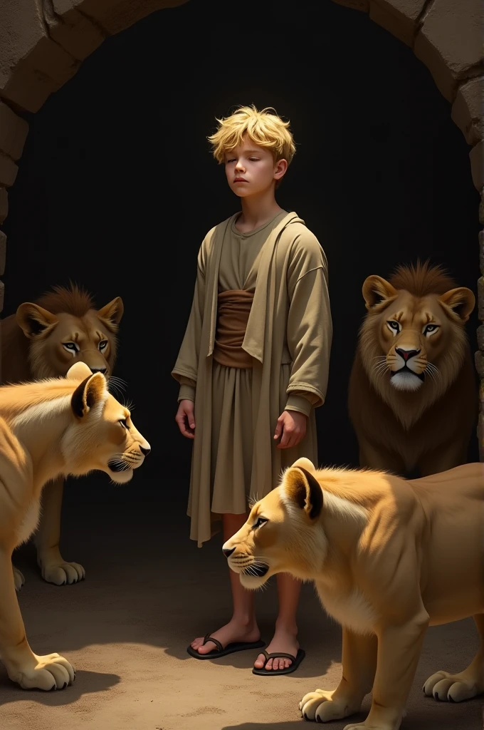 ((best quality)), ((masterpiece)), (detailed), perfect face
Daniel, blond and short haired, standing in the lion&#39;s den, surrounded by shadows. Your eyes are closed in prayer, while the lions prowl around, with curious but not aggressive looks.