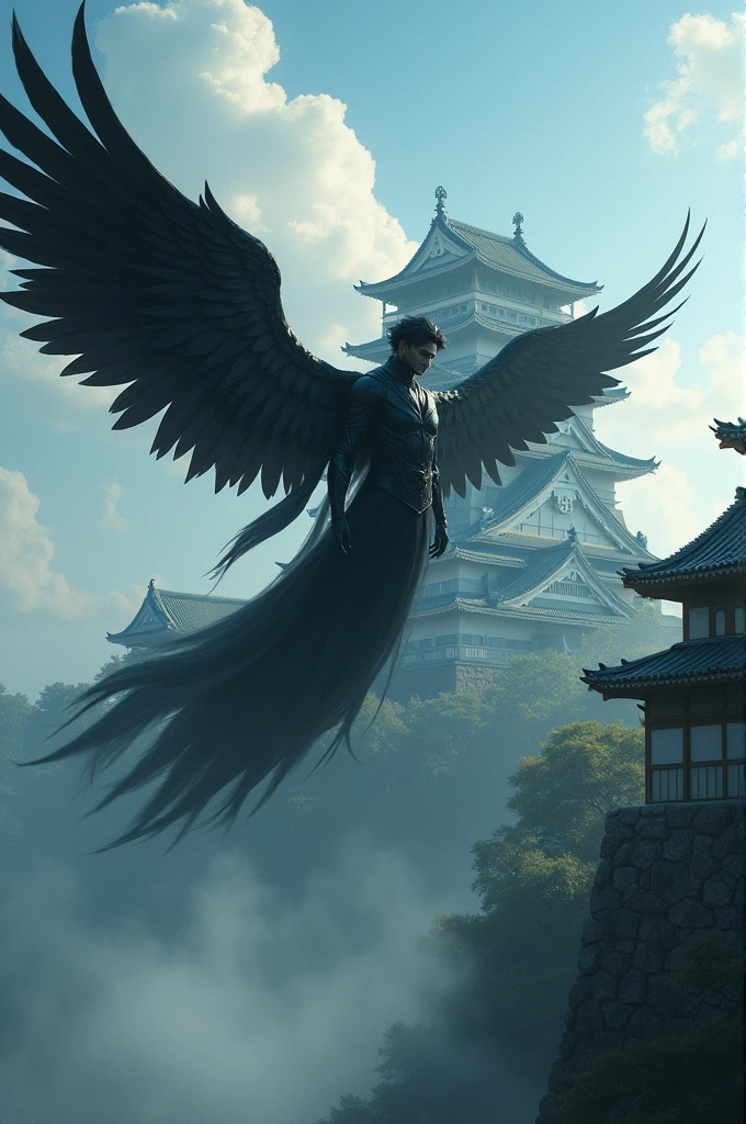 A man with jet black wings approaches, flying diagonally above a Japanese-style castle.