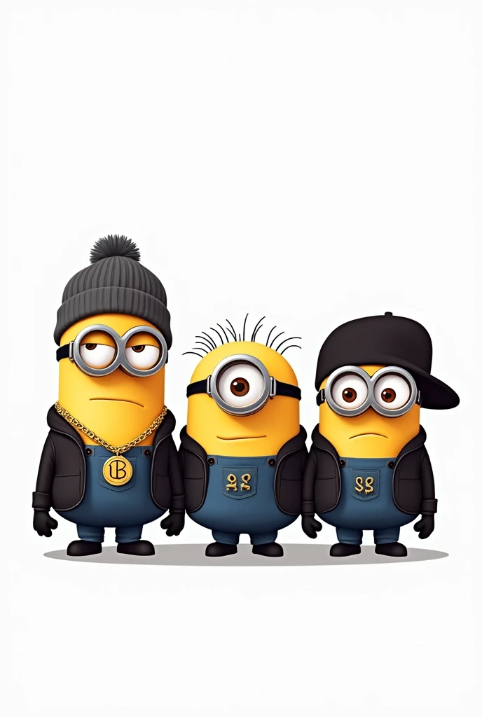 clipart, cute file, white background, vector, flat, three Minions characters are dressed very stylish in Hip Hop style, one is wearing a gold necklace with a pendant written with the acronym B, another is wearing a gold necklace with a pendant written with the acronym The other is wearing a gold necklace with a pendant written with the acronym SS