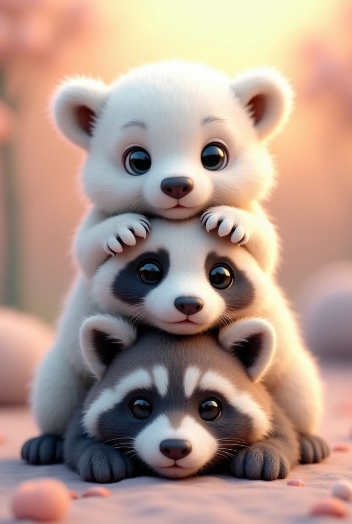 A stunning and enchanting 3D render of three captivating animal cubs, with a baby polar bear at the top, a baby panda in the middle, and a fluffy raccoon cub at the bottom. Each cub's eyes are meticulously rendered, capturing their individual personalities. The cubs rest their heads on top of one another, creating a playful and endearing composition. The background is a soft, dreamy blend of pastel colors, accentuating the adorable trio. This conceptual art piece is perfect for evoking a sense of warmth and wonder., conceptual art, photo, 3d render