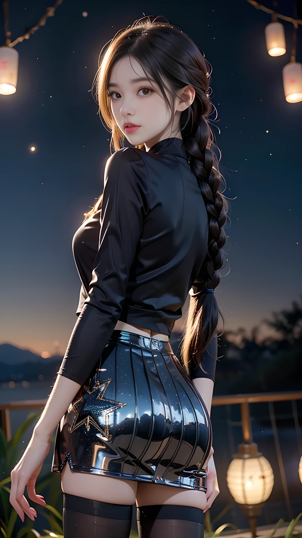 ulzzang-6500-v1.1, (RAW photo: 1.2), (Real photo), (Real photo: 1.4), 1 girl、Perfect anatomy、19 years old、Looking at the camera、((from behind)), Medium length hair、side braids, uniform short skirt, in a surreal royal garden, with many hanging lanterns, under the starry night sky, ((starry night: 1.1))、(Surreal tights: 1.2), (Business service)、Asian eyes Ella,