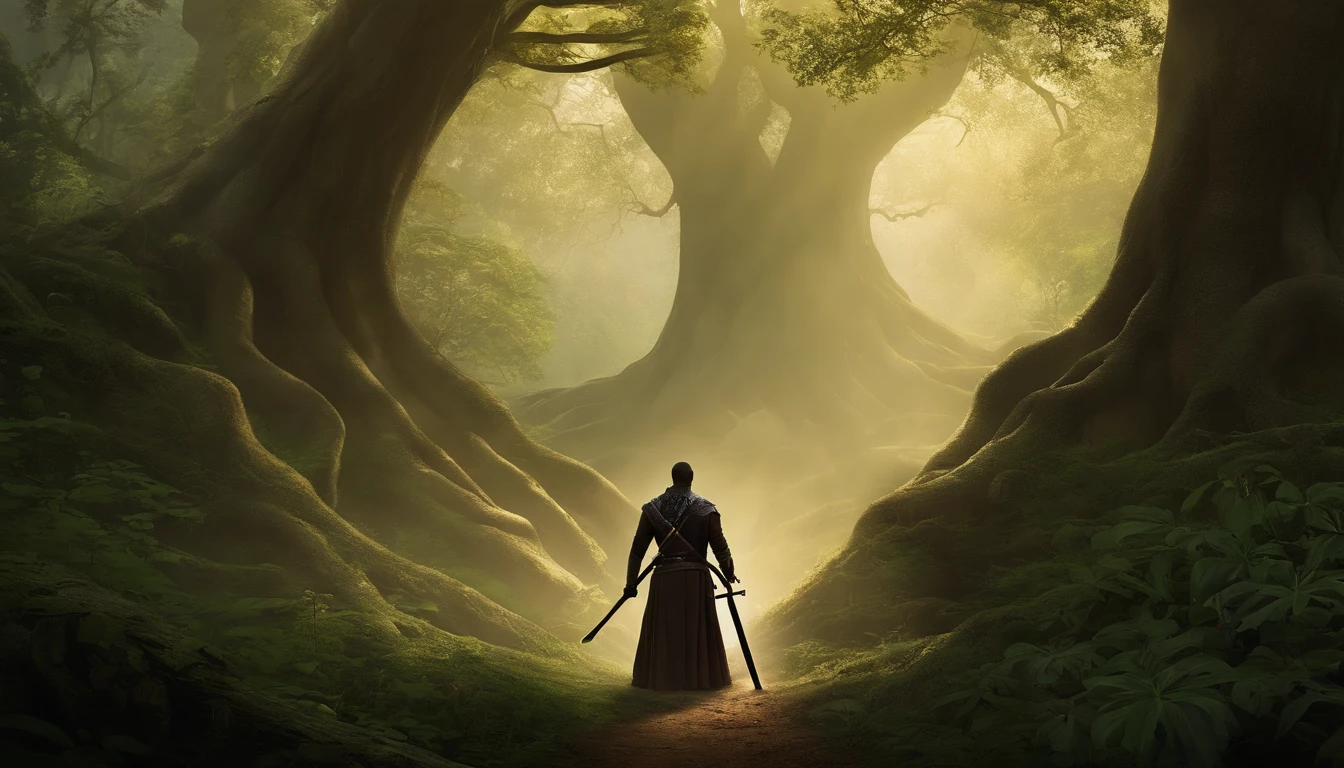 King Zolani drew his sword and plunged it into the earth. Standing by the, The trees have an almost eerie presence, their roots twisted and gnarled, reaching deep into the earth. Deeper into the forest, partially hidden by shadows, is the ancient tree at the center of the story. Its roots and branches seem almost alive, with faint, ghostly spirits emerging from the ground, their expressions a mix of sorrow and anger.*