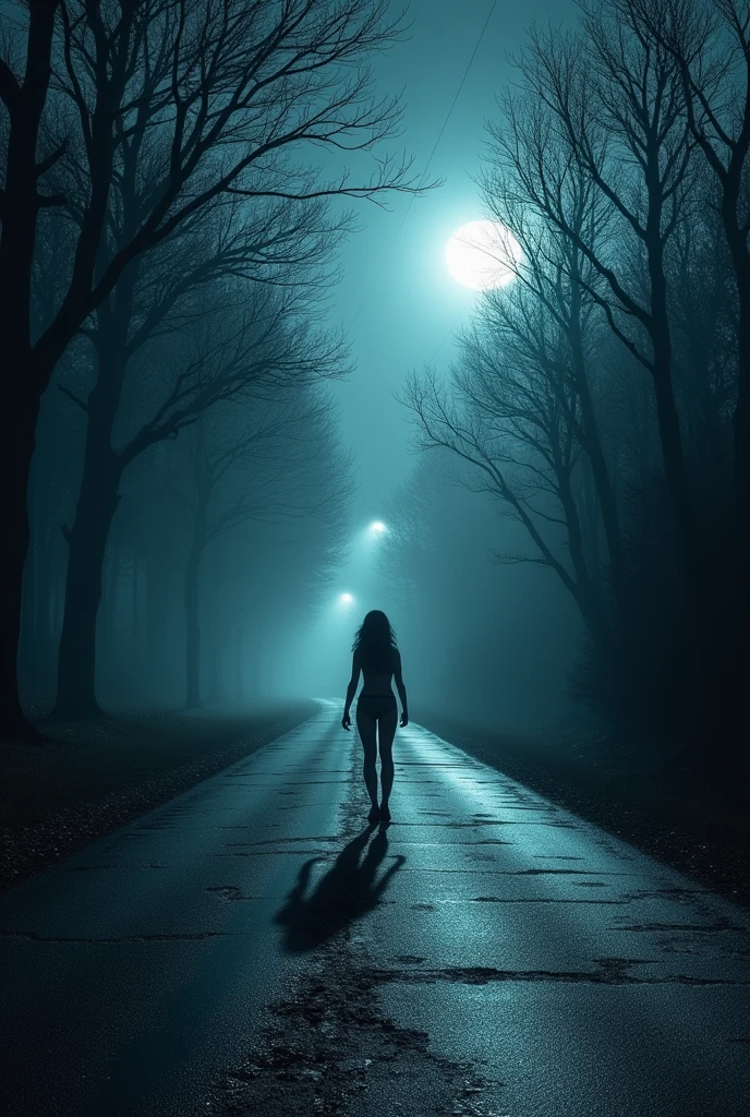 A chilling night scene of an isolated, winding road, bathed in the cold, eerie glow of distant, flickering streetlights. The moon casts a pale, ghostly light over the cracked, uneven asphalt, which snakes through a dense, foreboding forest. Tall, gnarled trees with twisted, bare branches loom ominously on both sides of the road, their silhouettes sharp and menacing against the dark sky. A thin, creeping fog blankets the ground, swirling around the base of the trees and slowly seeping onto the road, adding an unsettling sense of dread. In the middle of the road stands a in lingerie, illuminated by the ghostly light. Her presence feels out of place, adding to the ominous atmosphere. Amidst the trees, an ominous, shadowy presence lurks—barely visible, yet profoundly unsettling. The air is heavy and cold, carrying an unnerving stillness, broken only by the occasional rustle of dead leaves in the icy breeze. The scene should evoke a deep, spine-chilling fear, capturing the essence of isolation and the unknown lurking just beyond sight.