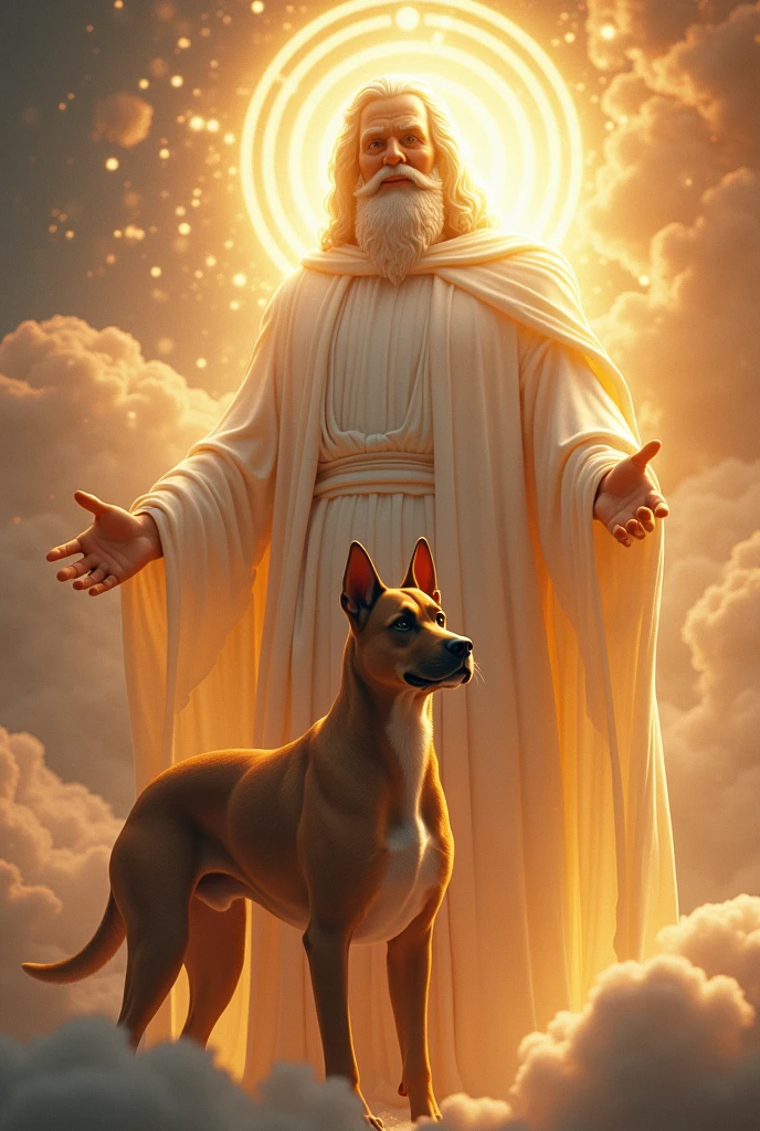 A pincher dog next to God smiling