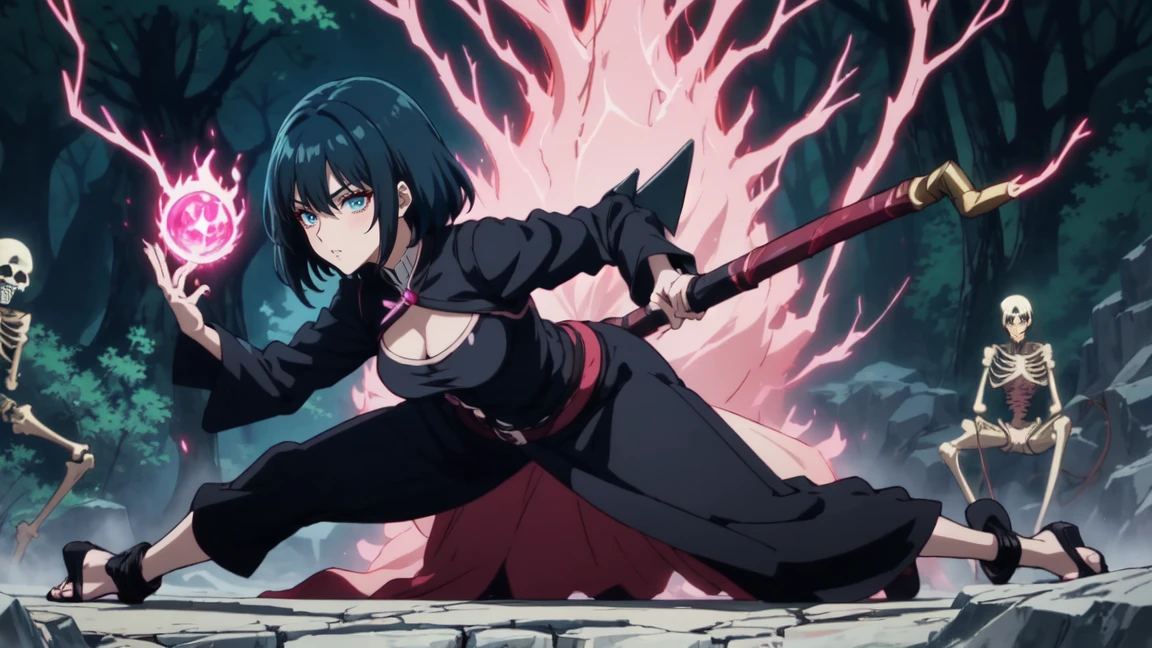 anime screenshot, 1 adult girl, dark sorceress witch, magic battle scene, powerful sorcery technique, anime tv, anime fantasy shonen, dark fantasy, magic ability, pink fire skeletons, cel shading: adult female witch in attack stance, crawling ready to attack, chained in holy shackles, very short charcoal black hair covering her face as if very dark and light, a look of murderous madness and an athletic body, dark torn clothes with a long dirty torn dress, skeleton flames pink summoning