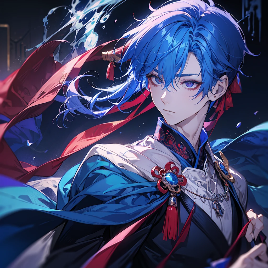 Man, handsome, refreshing, blue hair, red demon-like horns, gentle eyes, blue kimono, one purple hair, horns as the only decoration on his head, short hair, horns, silver necklace