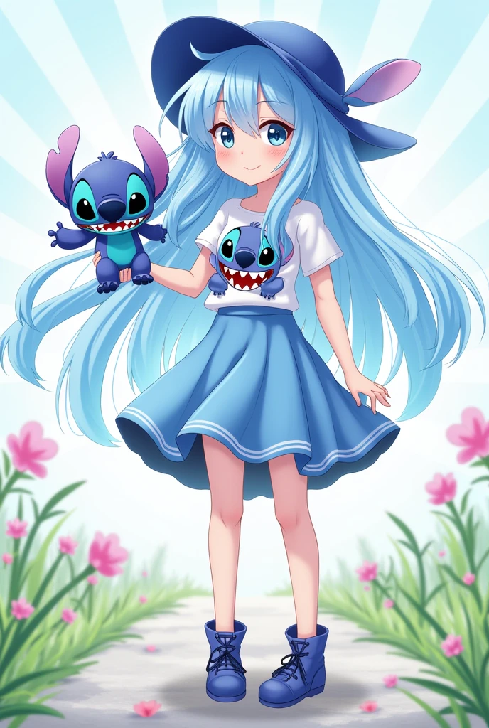 1 girl, con gorro de stich, her stich t-shirt, light blue skirt, in her hand a stich stuffed animal, light blue hair, long and fringed.